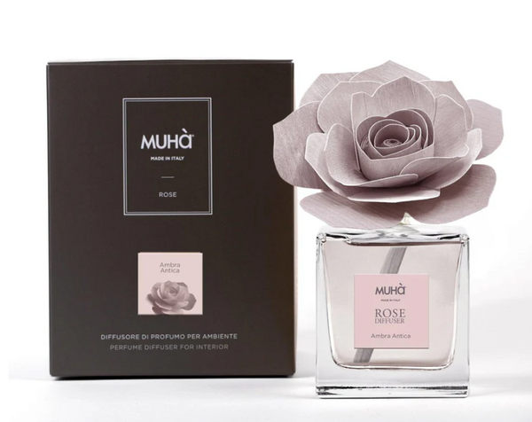 MUHA' | Profumatore per ambienti Rosa Diffuser, Fragranza Ambra Antica, Diffusore Ambiente con Fiore in Legno di Betulla in vari formati