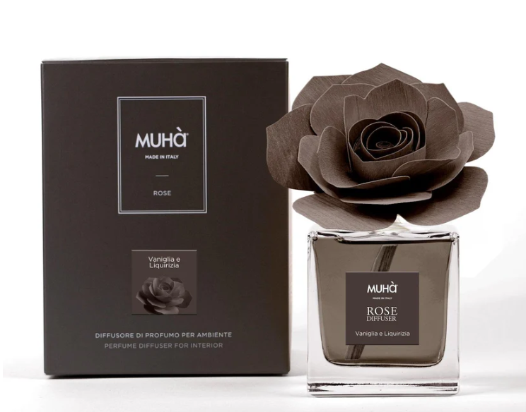 Profumatore per ambienti Rosa Diffuser, Fragranza Vaniglia e Liquirizia, Diffusore Ambiente con Fiore in Legno di Betulla in vari formati Muha