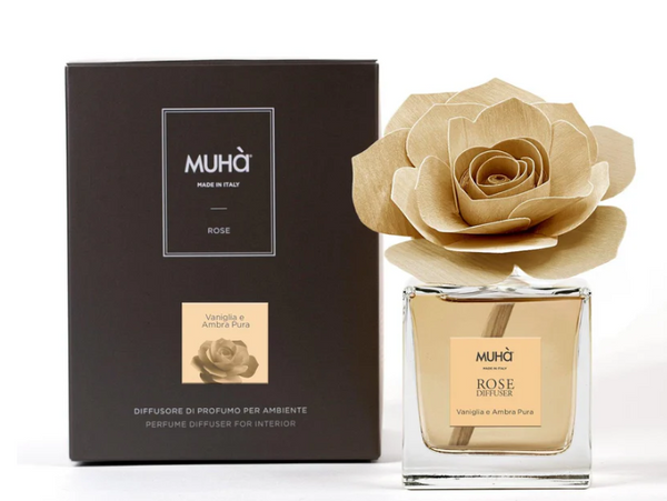 MUHA' | Profumatore per ambienti Rosa Diffuser, Fragranza Vaniglia e Ambra Pura, Diffusore Ambiente con Fiore in Legno di Betulla in vari formati