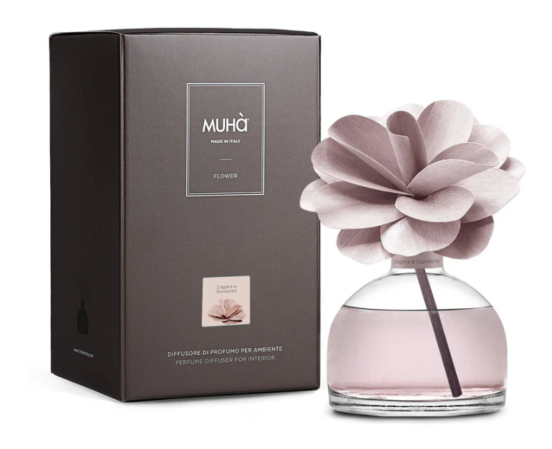 Profumatore per ambienti Camelia Diffuser, Fragranza Zagara e Gardenia, Diffusore Ambiente con Fiore in Legno di Betulla in vari formati Muha