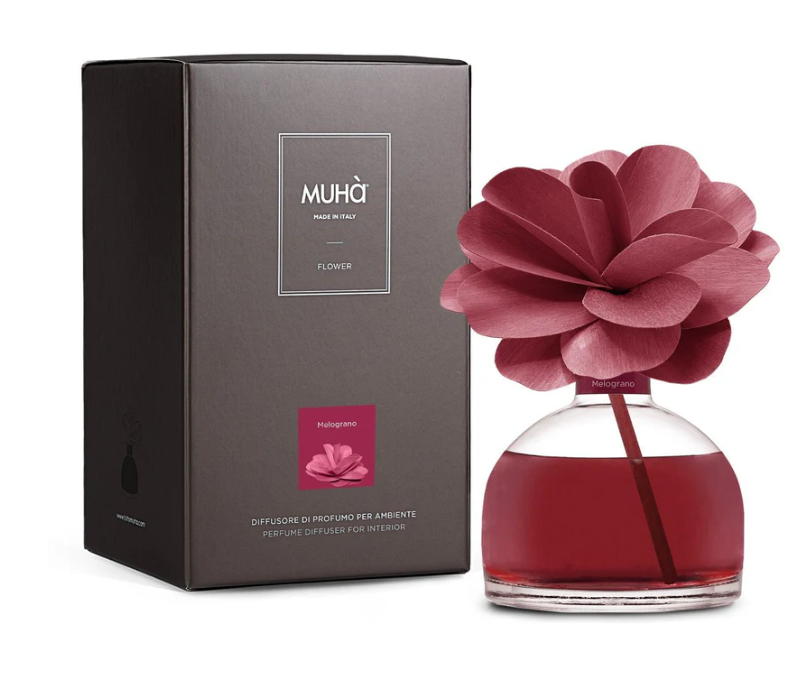 Profumatore per ambienti Camelia Diffuser, Fragranza Melograno, Diffusore Ambiente con Fiore in Legno di Betulla in vari formati Muha