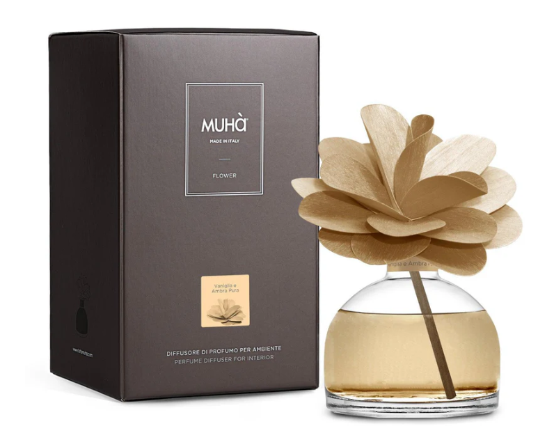 Profumatore per ambienti Camelia Diffuser, Fragranza Vaniglia e Ambra Pura, Diffusore Ambiente con Fiore in Legno di Betulla in vari formati Muha