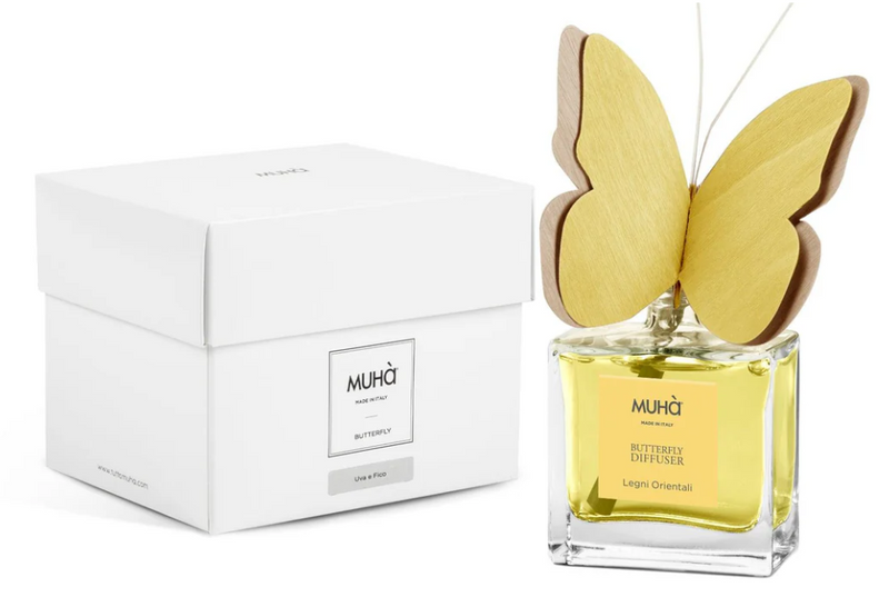 MUHA' | Profumatore per ambienti Butterfly Diffuser, Fragranza Legni Orientali, Diffusore Ambiente con Farfalla in legno di Betulla, Formato da 50 ml