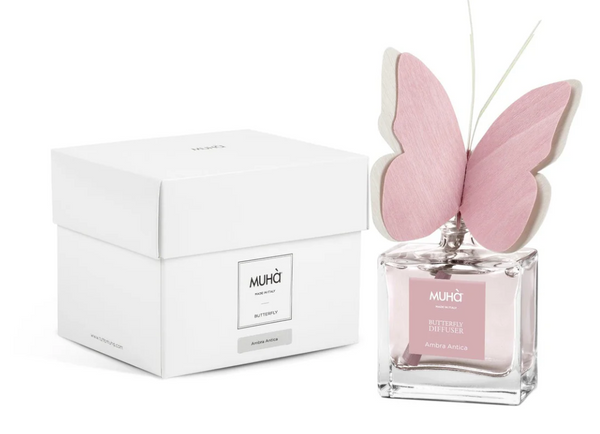 MUHA' | Profumatore per ambienti Butterfly Diffuser, Fragranza Ambra Antica, Diffusore Ambiente con Farfalla in legno di Betulla, Formato da 50 ml