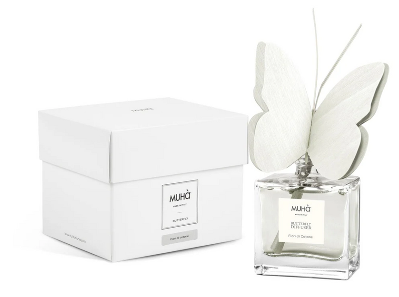 MUHA' | Profumatore per ambienti Butterfly Diffuser, Fragranza Fiori di Cotone Diffusore Ambiente con Farfalla in legno di Betulla, Formato da 50 ml