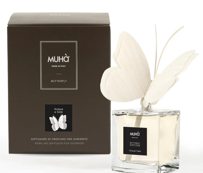 MUHA' | Profumatore per ambienti Butterfly Diffuser, Fragranza Acqua e Sale Diffusore Ambiente con Farfalla in legno di Betulla, Formato da 50 ml