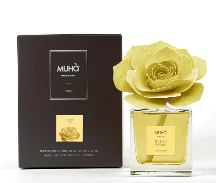 Profumatore per ambienti Rosa Diffuser, Fragranza Uva e Fico, Diffusore Ambiente con Fiore in Legno di Betulla in vari formati Muha