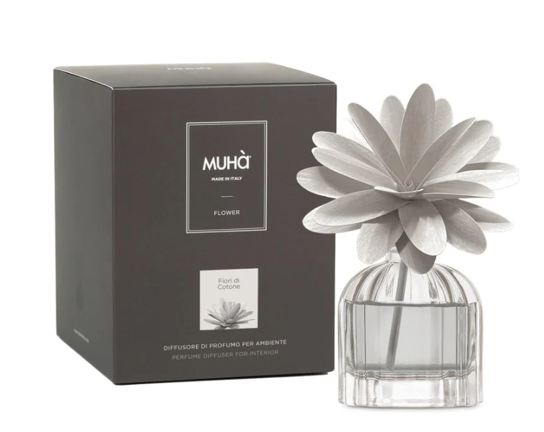 MUHA' | Profumatore per ambienti Flower Diffuser, Fragranza Fiori di Cotone, Diffusore Ambiente con Fiore in Legno di Betulla in vari formati