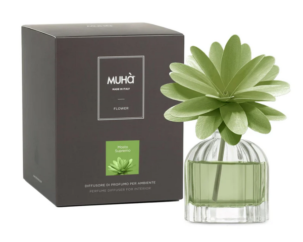 MUHA' | Profumatore per ambiente Flower Diffuser, Fragranza Mosto Supremo, Diffusore Ambiente con Fiore in Legno di Betulla, Formati vari