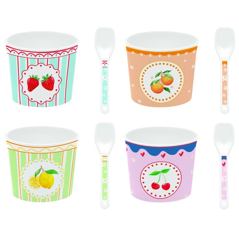 Ciotola gelato in porcellana con cucchiai, quattro decorazioni assortite in color box - Fruitmania - Easy Life